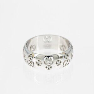 Gucci Logo 18k 750 White Gold Band Domed Diamond Ring Size 4.75